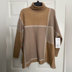 NWT Joseph A Tan and Cream Color-block Turtleneck Poncho Sweater size small